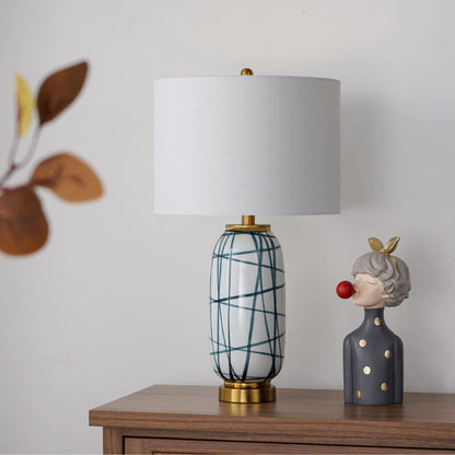 Nordic Light Luxury Green Striped Ceramic Drum Fabric 1-Light Table Lamp