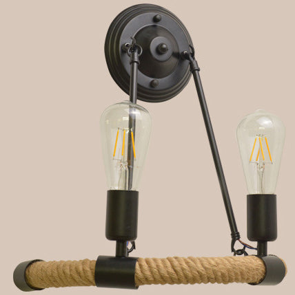 Traditional Farmhouse Iron Hemp Rope Half Circle 2-Light Wall Sconce Lamp For Dining Room