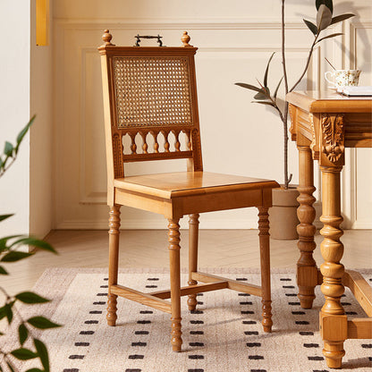 Traditional Vintage Square Wood Rattan Chair Backrest Armless For Dining Room