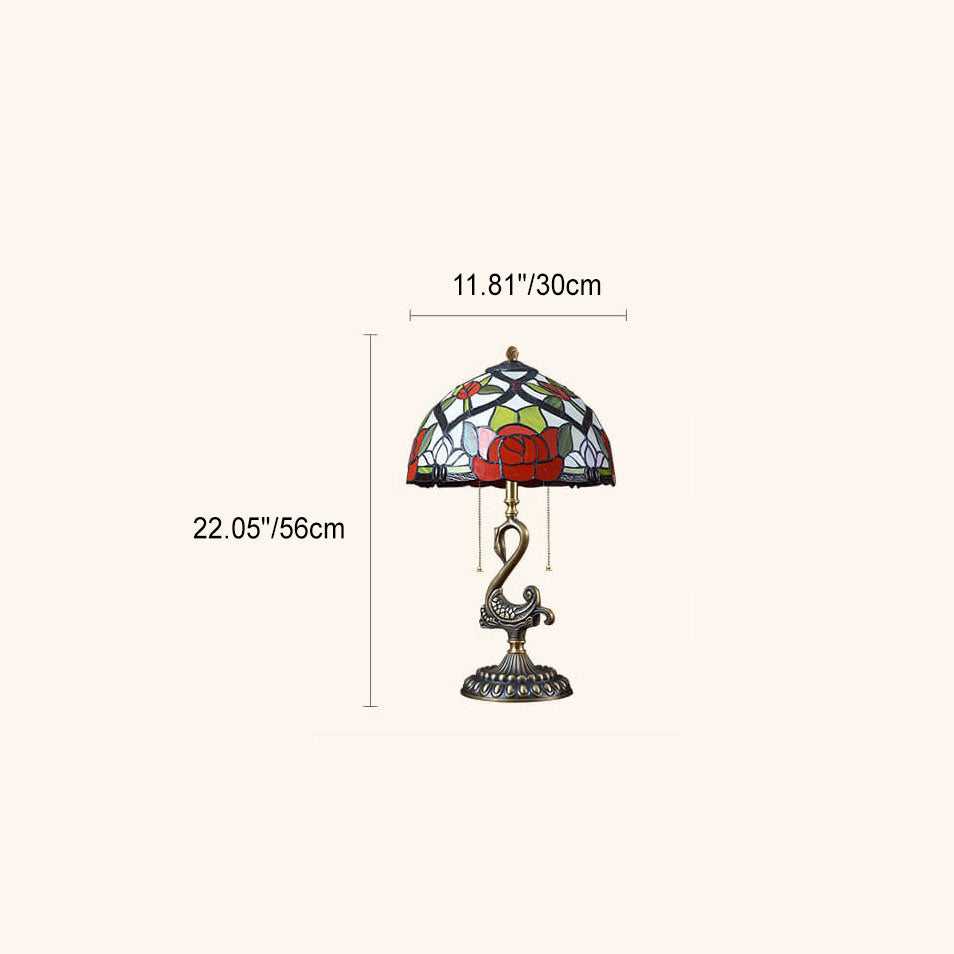 European Luxury Stained Glass Swan Base Copper 2-Light Table Lamp