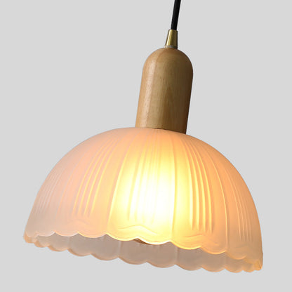 Traditional Japanese Wood Brass Glass Hemispheroid Flower 1-Light Pendant Light For Dining Room