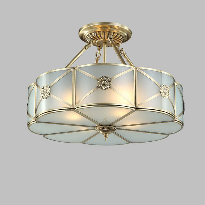 Modern Light Luxury Carving Copper Round Glass 4-Light Semi-Flush Mount Ceiling Light