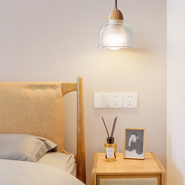 Contemporary Retro Cylinder Petal Cone Solid Wood Glass 1-Light Wall Sconce Lamp For Bedroom