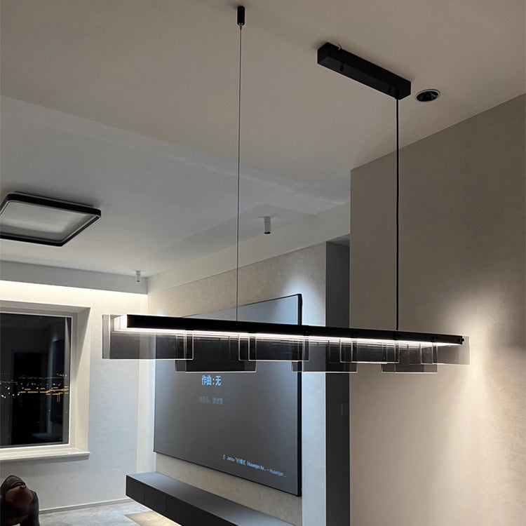 ثريا جزيرة LED طويلة من الزجاج النحاسي بتصميم عصري بسيط لغرفة المعيشة