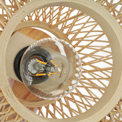 Contemporary Coastal Round Wood Bamboo Woven 1-Light Semi-Flush Mount Ceiling Light For Living Room