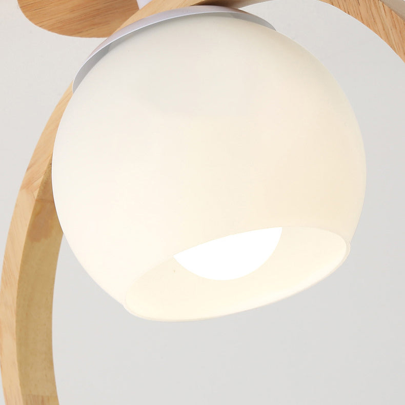 Traditional Japanese Wood Circle Ring Glass Ball Shade Bird 1-Light Semi-Flush Mount Ceiling Light For Living Room
