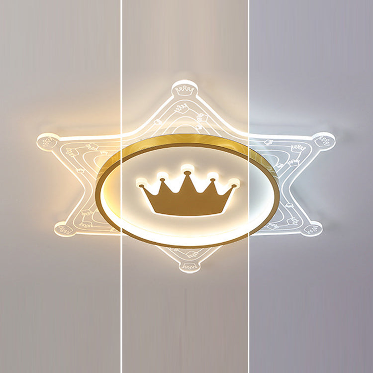 Modern Art Deco Crown Round Pentagon Acrylic Iron LED Flush Mount Ceiling Light For Living Room