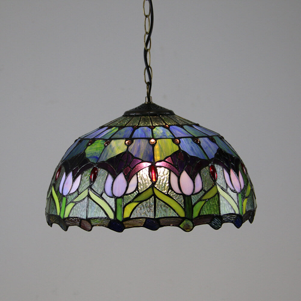 Traditional Tiffany Round Leaf Tulip Hardware Stained Glass 1 Light Chandelier For Living Room