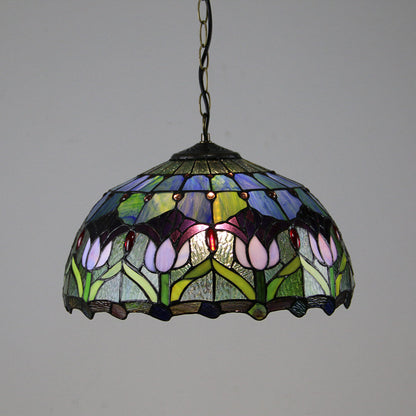 Traditional Tiffany Round Leaf Tulip Hardware Stained Glass 1 Light Chandelier For Living Room
