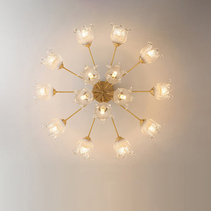 Traditional European Copper Glass Flower 5/12/15 Light Semi-Flush Mount Ceiling Light For Living Room