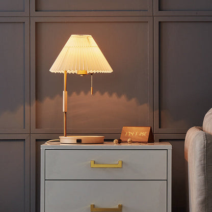 Modern Pleated Shade Walnut Wood Round Base 1-Light Table Lamp