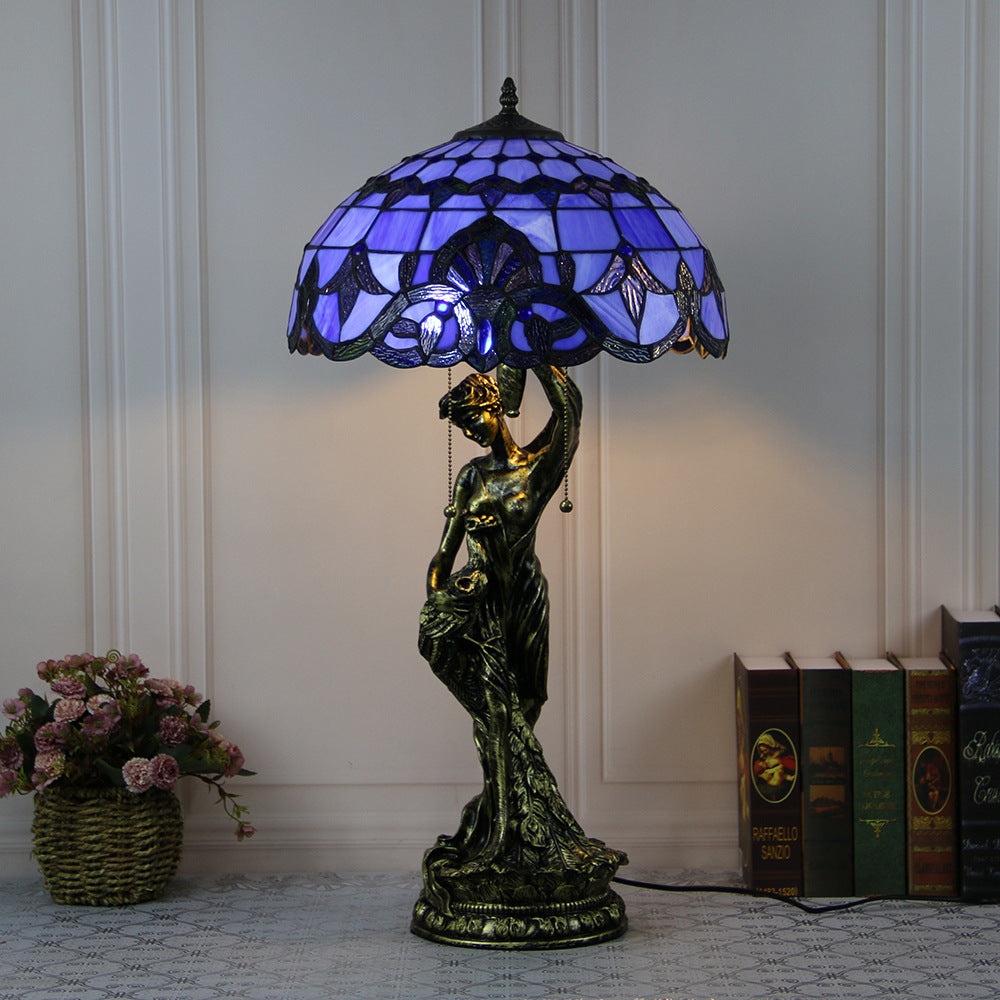 Traditional Tiffany Resin Glass Dome Grape Cow Diamond Pretty Woman Base 2-Light Table Lamp For Bedside