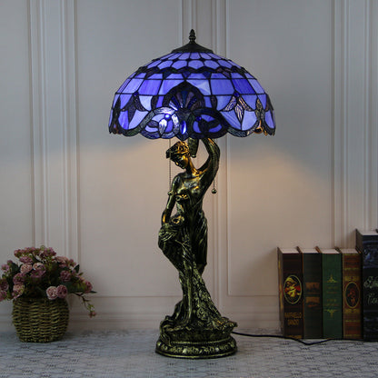 Traditional Tiffany Resin Glass Dome Grape Cow Diamond Pretty Woman Base 2-Light Table Lamp For Bedside