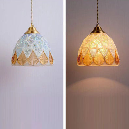 Traditional Tiffany Shell Decor Stained Glass Semicircle 1-Light Pendant Light For Bedroom