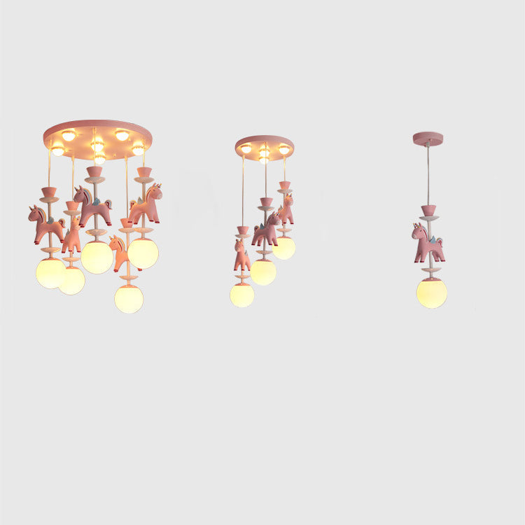 Modern Art Deco Kids Iron Resin Glass Round Base Ball Horse 1/3/5 Light Flush Mount Ceiling Light For Bedroom