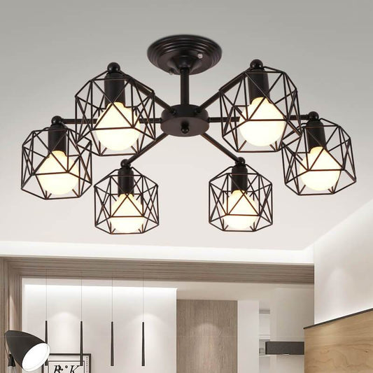 Wrought Iron 6-Light Geometric Lampshade Chandeliers