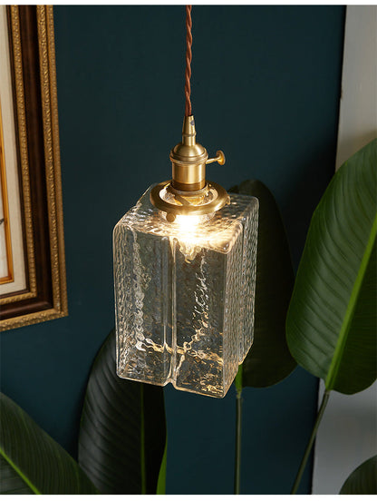 Contemporary Vintage Rectangular Square Draped Glass Brass 1-Light Pendant Light For Living Room