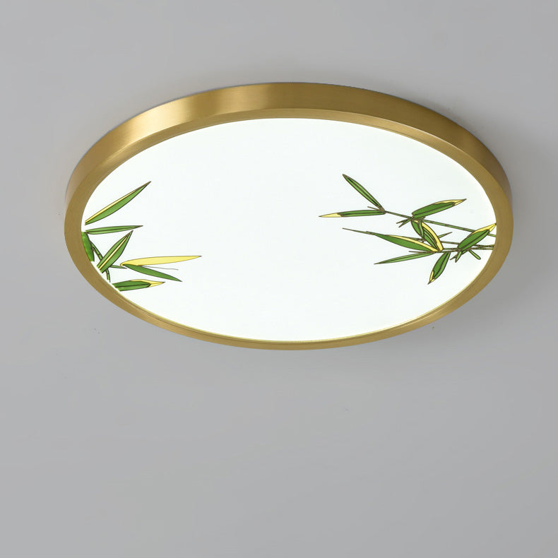 Traditional Chinese Copper Acrylic Round Lotus Bamboo Ginkgo Leaves LED Flush Mount Ceiling Light For Living Room