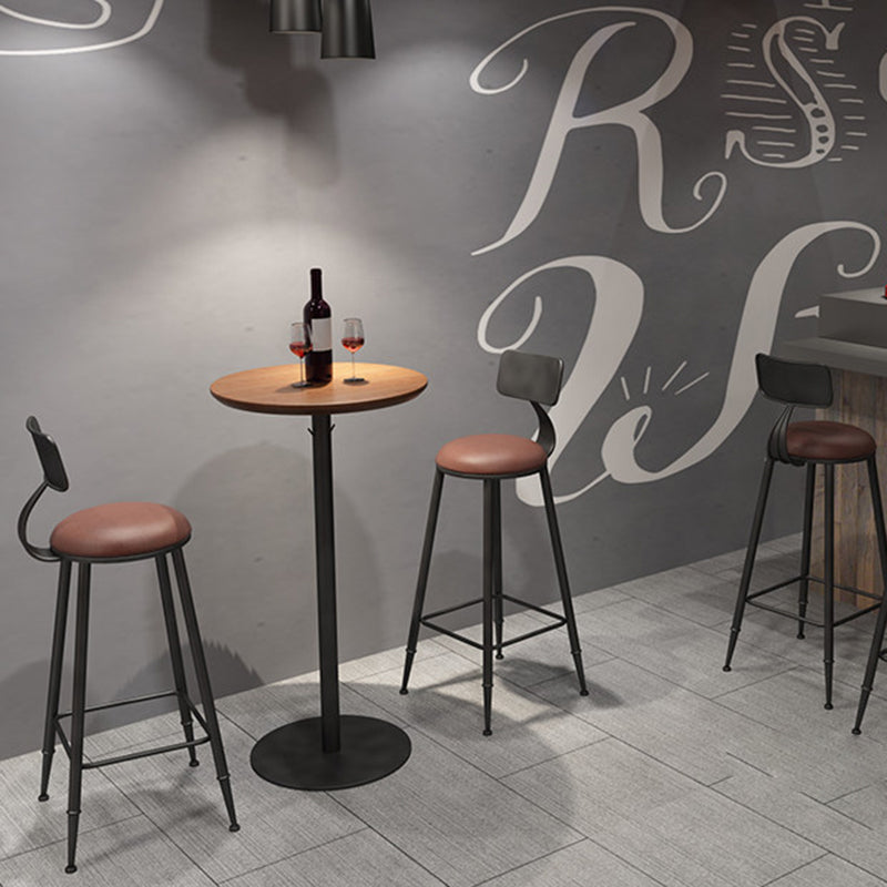 Traditional Vintage Round Wood PU Leather Iron Frame Bar Stool Backrest Footrest For Dining Room