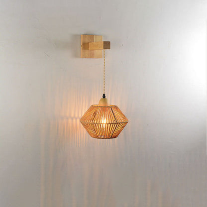 Vintage Simple Rope Weaving Lantern Cage Wood 1-Light Wall Sconce Lamp