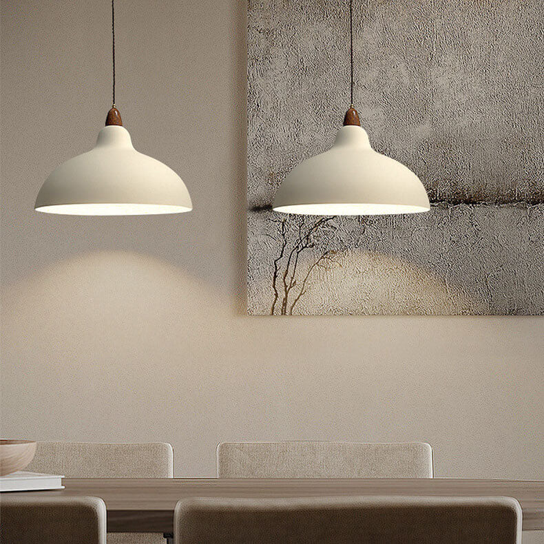 Japanese Simple Iron Dome Solid Wood Top 1-Light Pendant Light