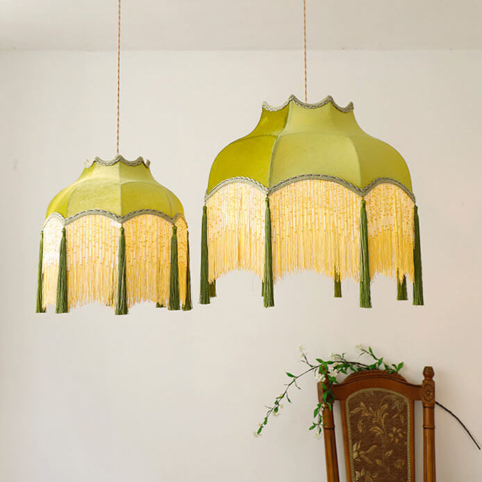 French Vintage Fabric Tassel Lampshade Brass 1-Light Pendant Light