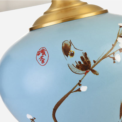 Traditional Chinese Plum Blossom Cylindrical Copper Ceramic Fabric 1-Light Table Lamp For Bedroom
