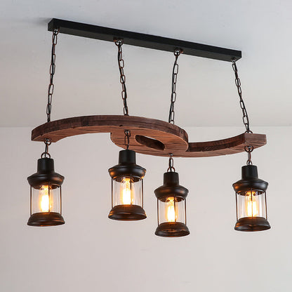 Traditional Japanese Wood Double Moon Design Iron Glass Bottle Shade 4-Light Island Light Chandelier For Dining Room