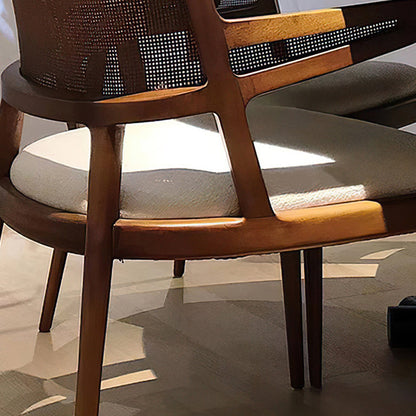 Traditional Chinese Square Wood Weaving Microfiber Leather Dining Chair Four Legs Backrest Armrest For Dining Room
