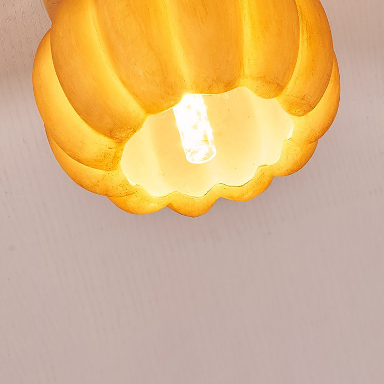 Contemporary Creative Pumpkin Solid Wood Resin Fiberglass 1-Light Semi-Flush Mount Ceiling Light For Living Room