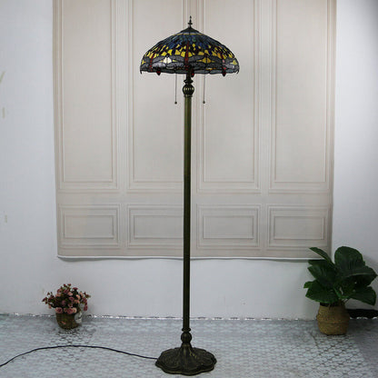 Tiffany Vintage Dragonfly Stained Glass Resin Dome 2-Light Standing Floor Lamp