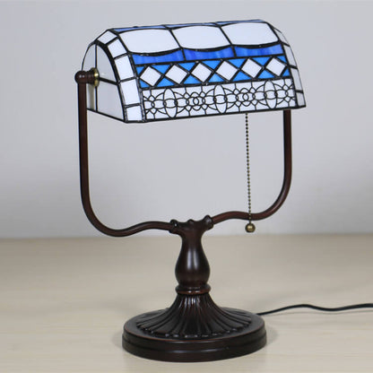 Traditional Tiffany Geometric Stained Glass Bank Pull Cord 1-Light Table Lamp For Home Office