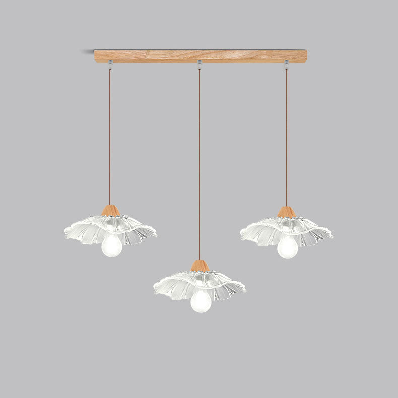 Modern Art Deco Wood Lotus Leaf Glass Shade 1/3-Light Island Light Chandelier For Bedroom