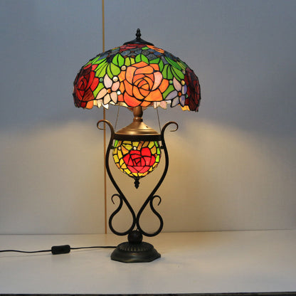 Tiffany European Vintage Floral Stained Glass Round Pot 3-Light Table Lamp