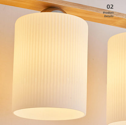 Contemporary Scandinavian Long Cylinder Glass Wood 4-Light Island Light Chandelier For Living Room