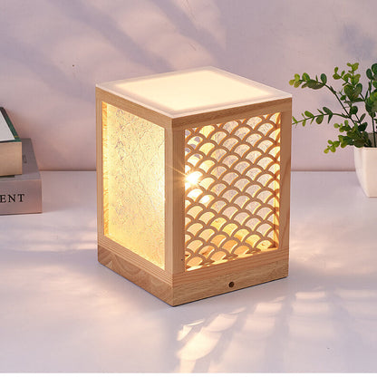 Japanese Harajuku Solid Wood Hollow Pattern Cube Acrylic 1-Light Table Lamp