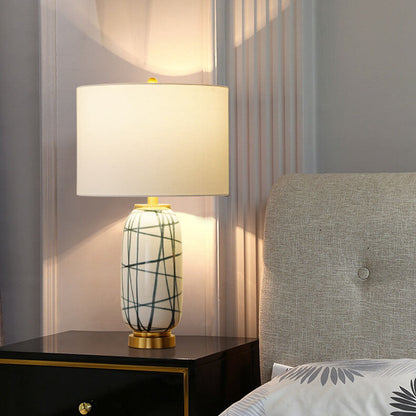 Nordic Light Luxury Green Striped Ceramic Drum Fabric 1-Light Table Lamp