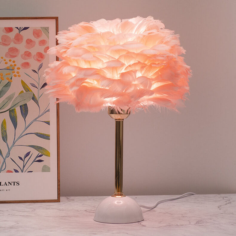 Modern Light Luxury Feather Round Shade Gold Pole 1-Light Table Lamp