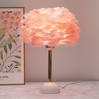 Modern Light Luxury Feather Round Shade Gold Pole 1-Light Table Lamp
