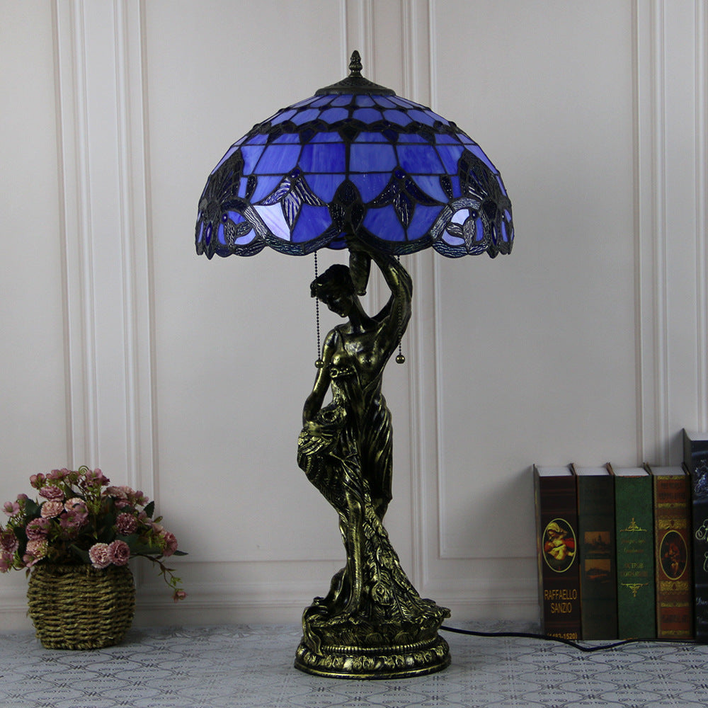 Traditional Tiffany Resin Glass Dome Grape Cow Diamond Pretty Woman Base 2-Light Table Lamp For Bedside