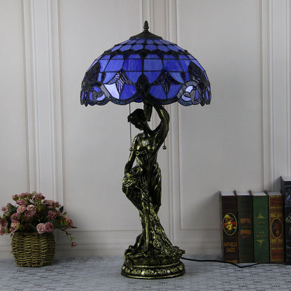Traditional Tiffany Resin Glass Dome Grape Cow Diamond Pretty Woman Base 2-Light Table Lamp For Bedside