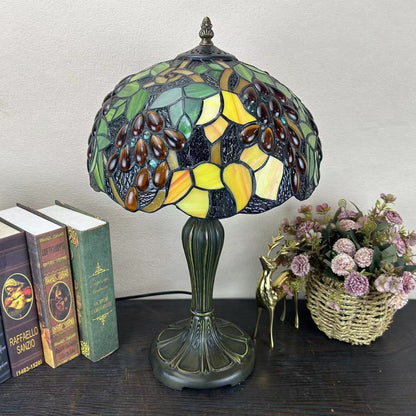 Traditional Tiffany Metal Glass Dome Grape Flower Dragonfly Butterfly 1-Light Table Lamp For Bedside