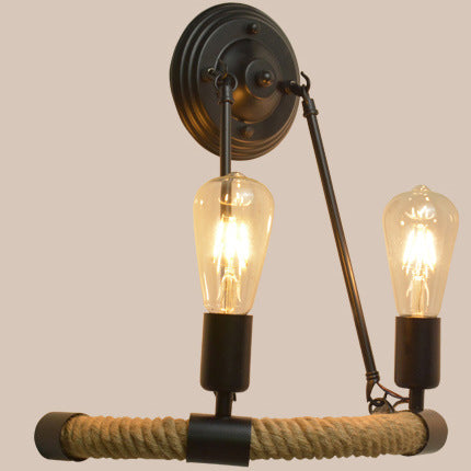Traditional Farmhouse Iron Hemp Rope Half Circle 2-Light Wall Sconce Lamp For Dining Room
