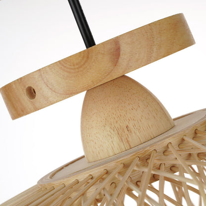 Contemporary Coastal Round Wood Bamboo Woven 1-Light Semi-Flush Mount Ceiling Light For Living Room