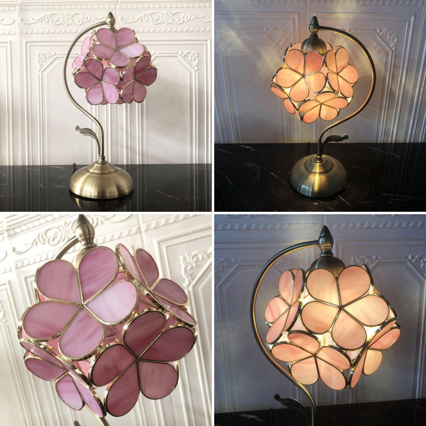 Traditional Vintage Flower Hydrangea Brass Metal Glass 1-Light Table Lamp For Bedroom