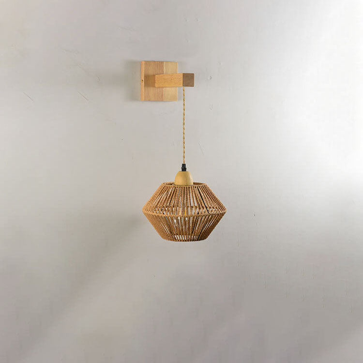 Vintage Simple Rope Weaving Lantern Cage Wood 1-Light Wall Sconce Lamp