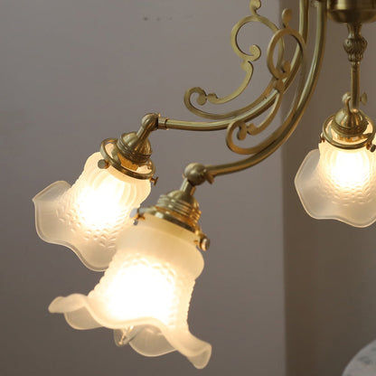 Traditional French Brass Carved Lamp Arm Alabaster Flower Glass 3/5-Light Chandelier For Living Room