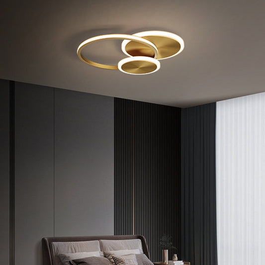 Modern Minimalist Triple Circle Full Copper Acrylic LED Flush Mount Ceiling Light For Bedroom