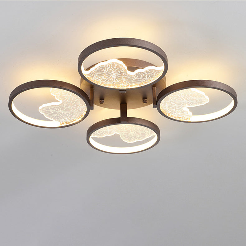 Traditional Chinese Zen Iron Round Frame Acrylic Flower Pattern LED Semi-Flush Mount Ceiling Light For Living Room
