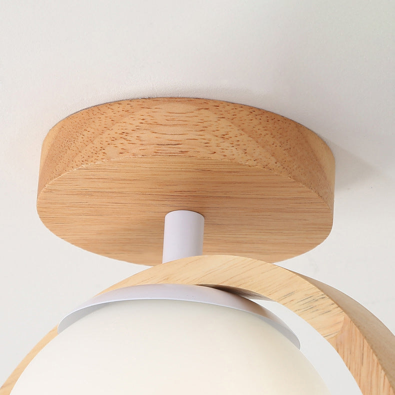 Traditional Japanese Wood Circle Ring Glass Ball Shade Bird 1-Light Semi-Flush Mount Ceiling Light For Living Room
